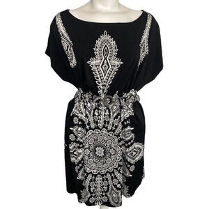 Oxford Circus Black White Mandala Boat Neck Belted Stretch Knit Dress Sz Small